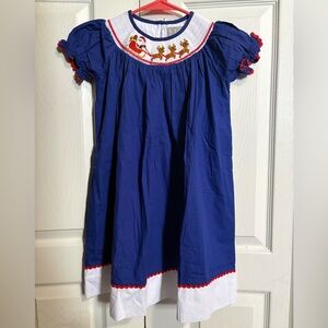 Lil Cactus Blue and White Smocked Dress with Reindeer Embroidery